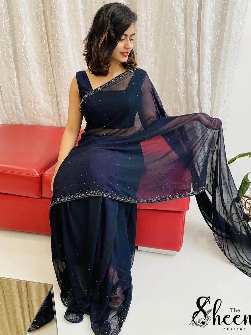 03351F62-CD4E-4F7B-95CD-5B1D16B1FD02 Midnight blue georgette saree - Image 1