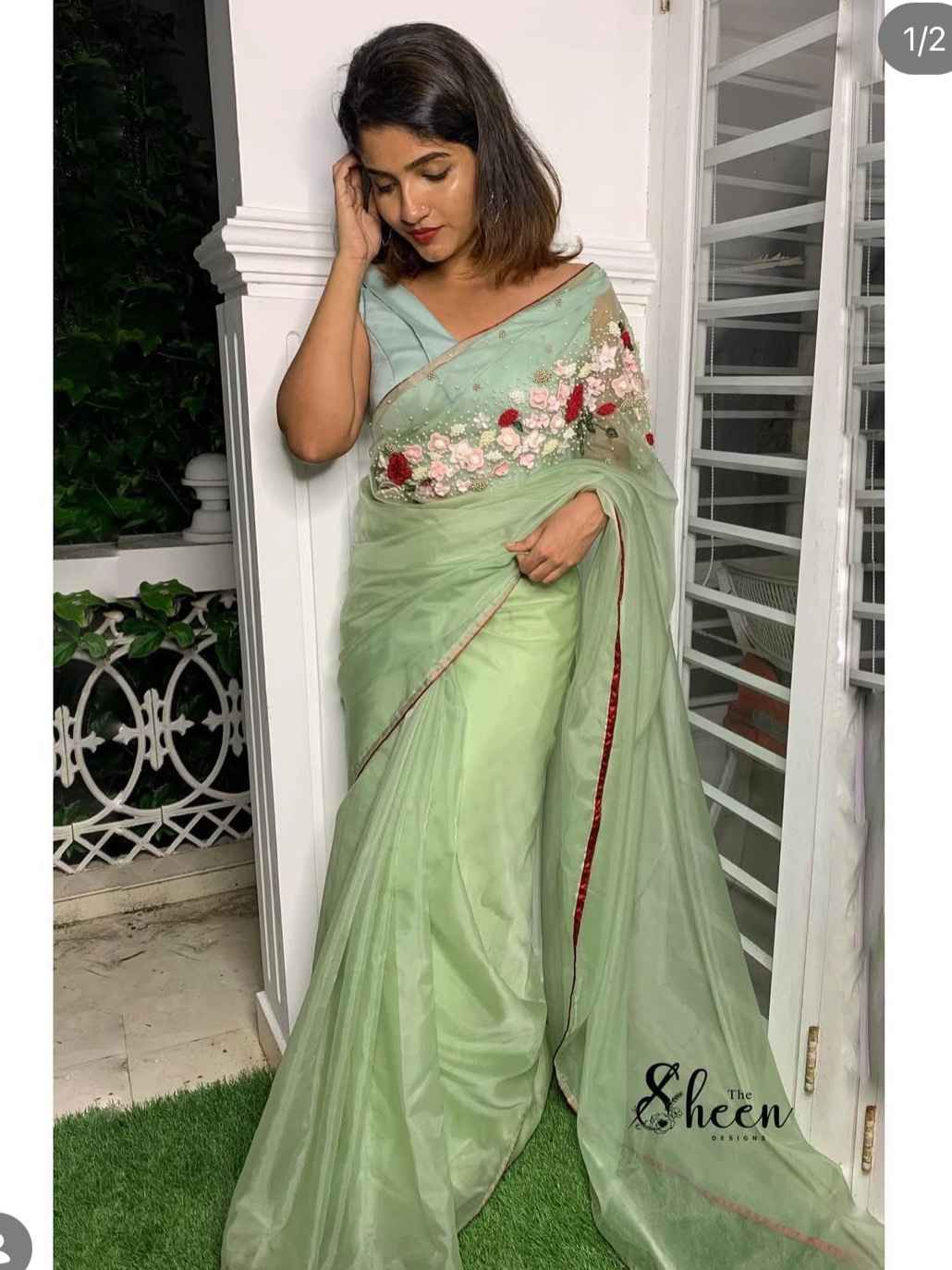 53320FD2-180B-416B-A995-DF4046972E9B Pista Green organza saree - Image 1