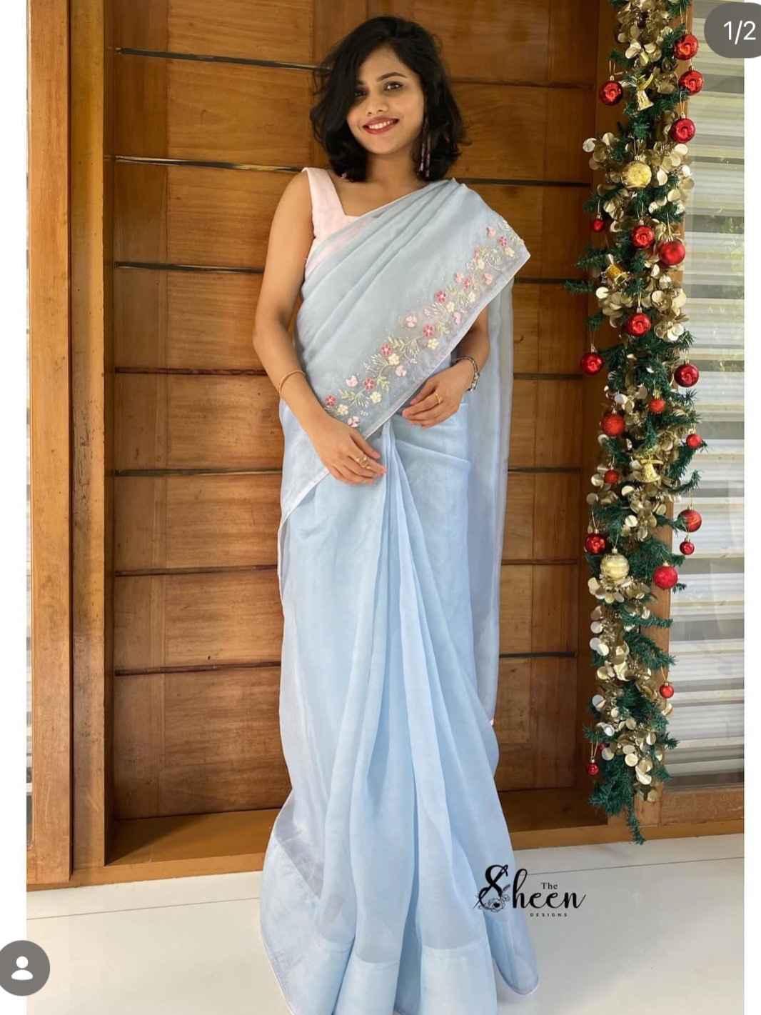 A68D596F-2302-47DF-BF08-529B97CF2EFA Skyblue organza saree - Image 1