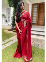Cherry red crispy georgette saree