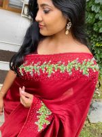 Cherry red crispy georgette saree - Image 2