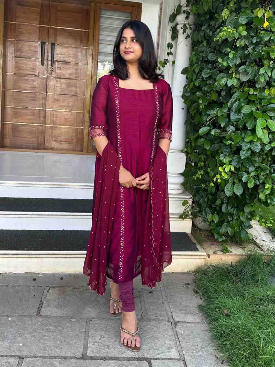 F747C206-CC97-4332-90A2-8A62B39BA42A pinkish winered semi silk kurti - Image 1