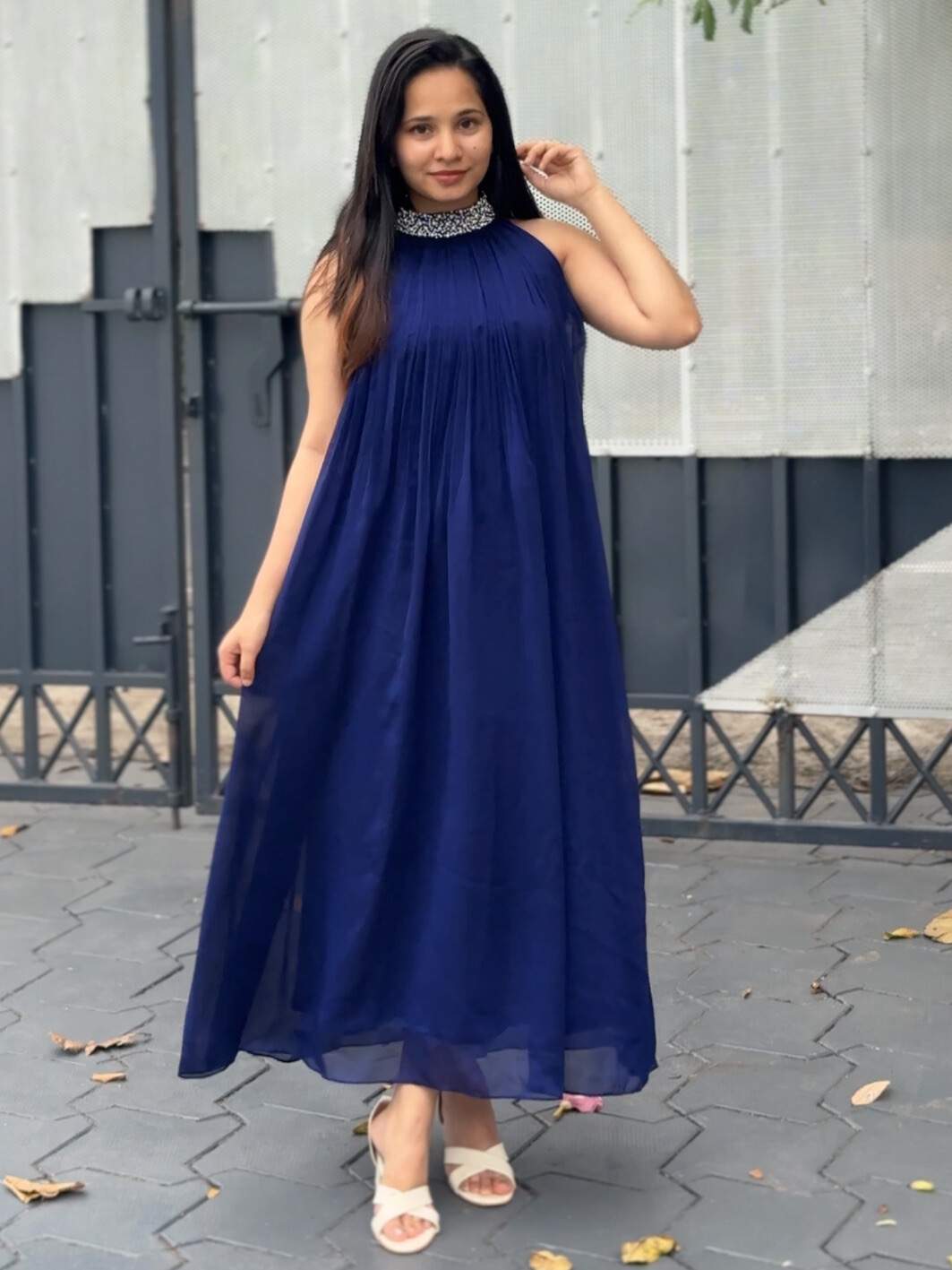 IMG_7545 Blue silky GEORGETTE KURTI WITH CUTBEAD HANDWORK - Image 1