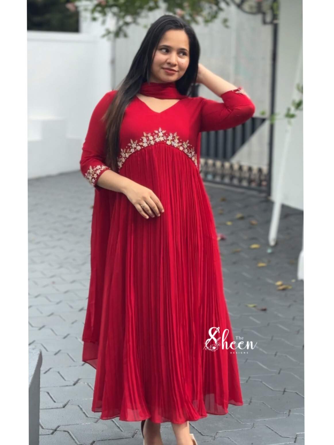 IMG_7552 Cherry RED FAUX GEORGETTE KURTI WITH CUTBEAD HANDWORK - Image 1