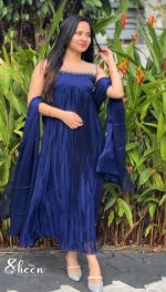 BLUE SILKY GEORGETTE KURTI WITH CUTBEAD HANDWORK