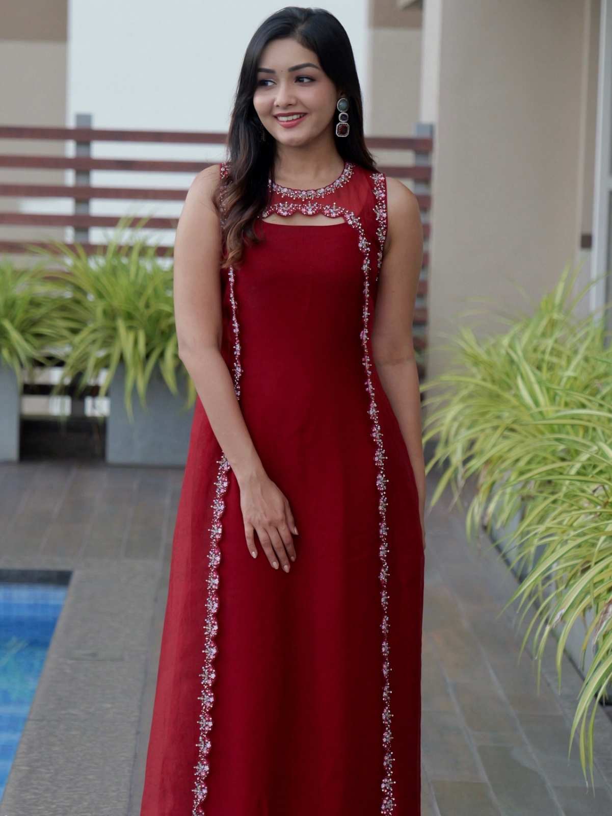 IMG_7588 REDDISH MARRON BANARASI ORGANZA JACKET AND A-LINE TOP - Image 1