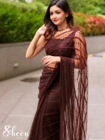 COFFEE BROWN SHADE NET SAREE WITH CUTBEAD STONES & CRYSTAL WORK