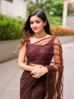 COFFEE BROWN SHADE NET SAREE WITH CUTBEAD STONES & CRYSTAL WORK - Image 2