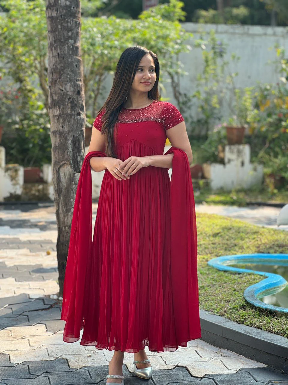 New Project (80) XMAS RED FAUX GEORGETTE KURTI WITH CUTBEAD HANDWORK - Image 1