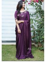 Dark wine-red silky georgette saree - Image 2