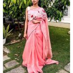 Premium pure organza peachish pink saree
