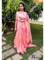 Premium pure organza peachish pink saree