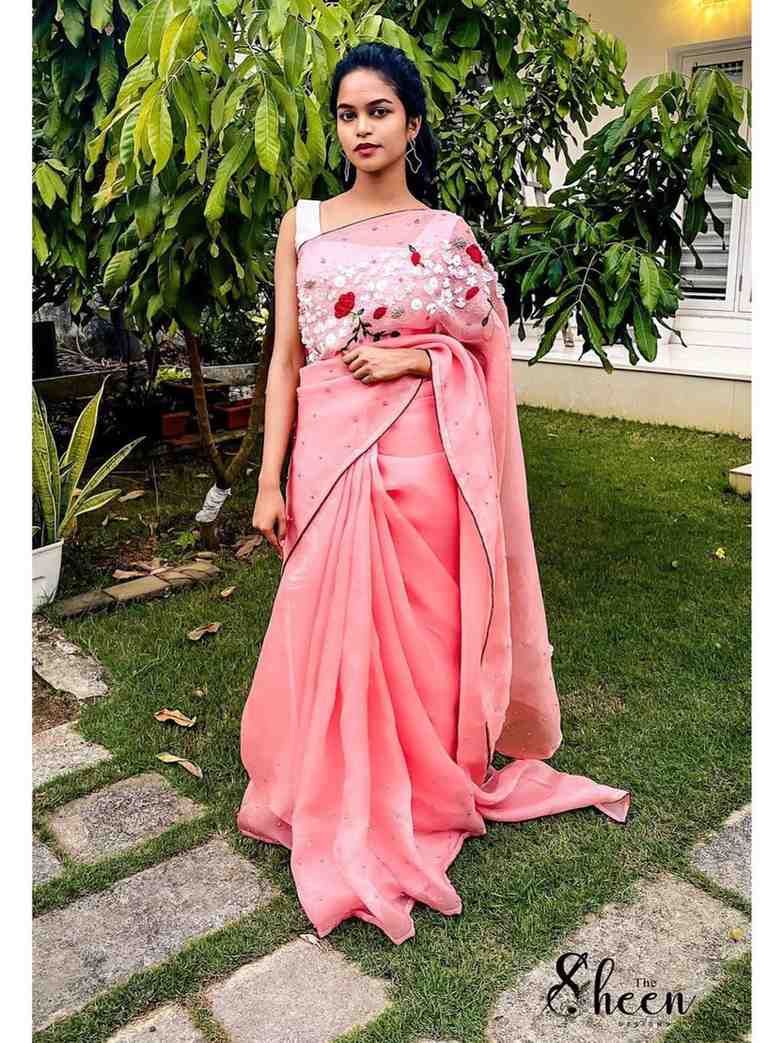 080DC75A-E179-43FB-9C2F-9882316B861B (1) Premium pure organza peachish pink saree - Image 1