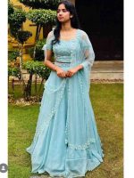 pastel blue shade ensemble featuring crop top and skirt