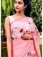 Premium pure organza peachish pink saree - Image 2
