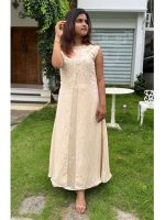 Beige crop top and skirt paired with a front-slit kurti - Image 4