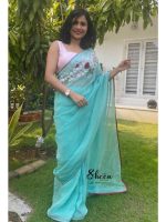 Premium pure viscose organza turquoise green saree