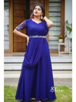 dark blue draped gown