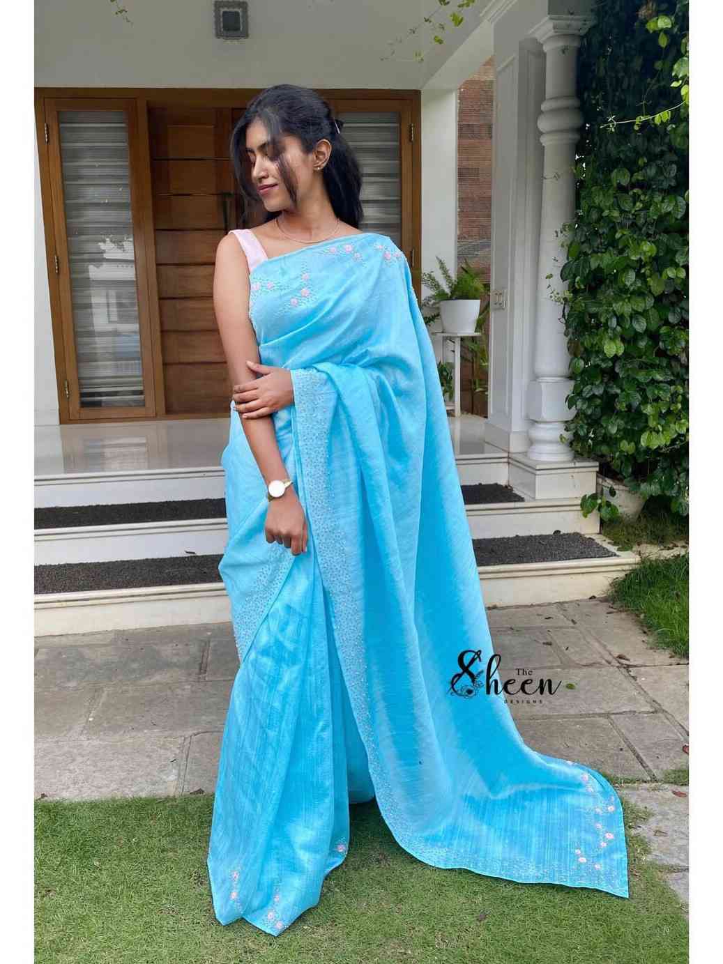 362CBB9A-403C-4A22-9635-03BB872D7912 (1) sky-blue pure raw silk saree - Image 1
