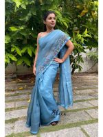 Gorgeous greyish-blue organza saree