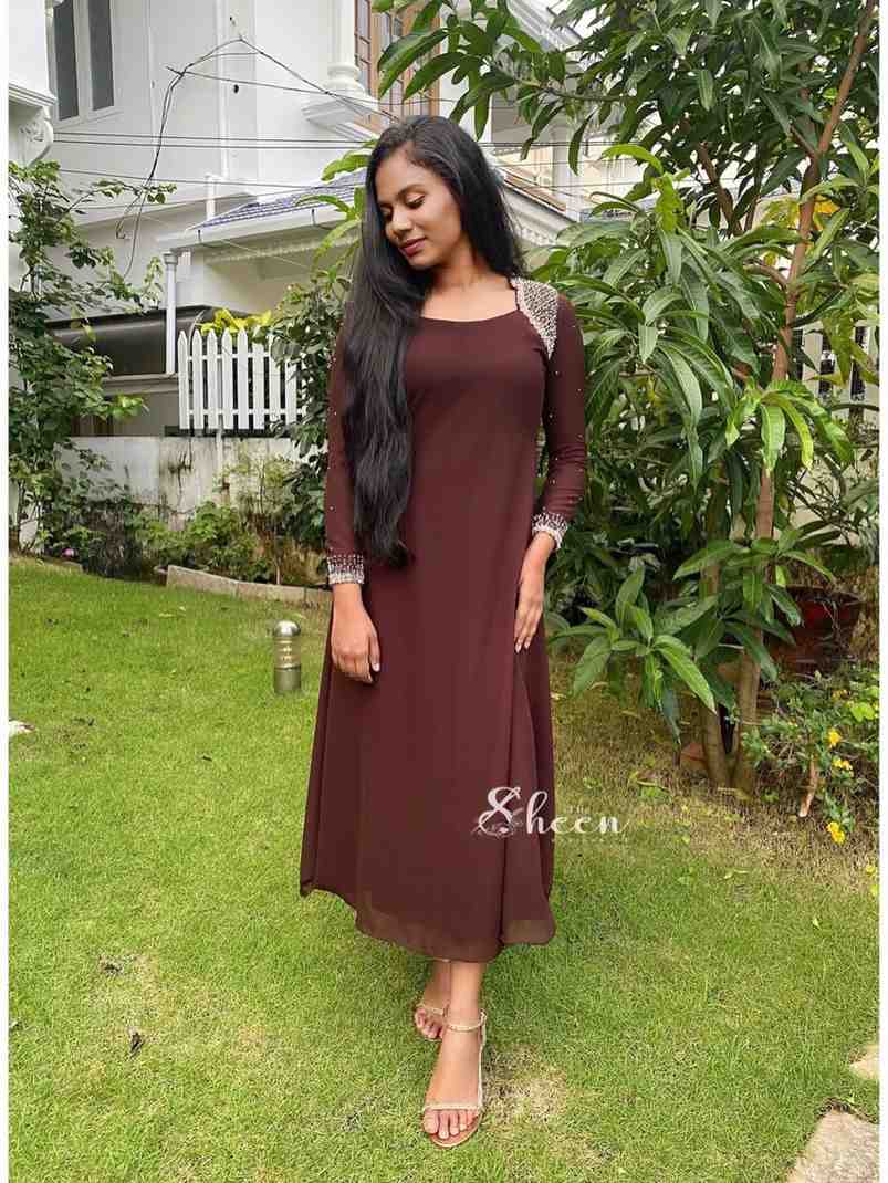 3CF90B80-7922-478C-BC93-74BBEC40D219 (1) Brown georgette A-line kurti - Image 1