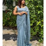 greyish blue silky georgette saree