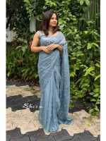 greyish blue silky georgette saree