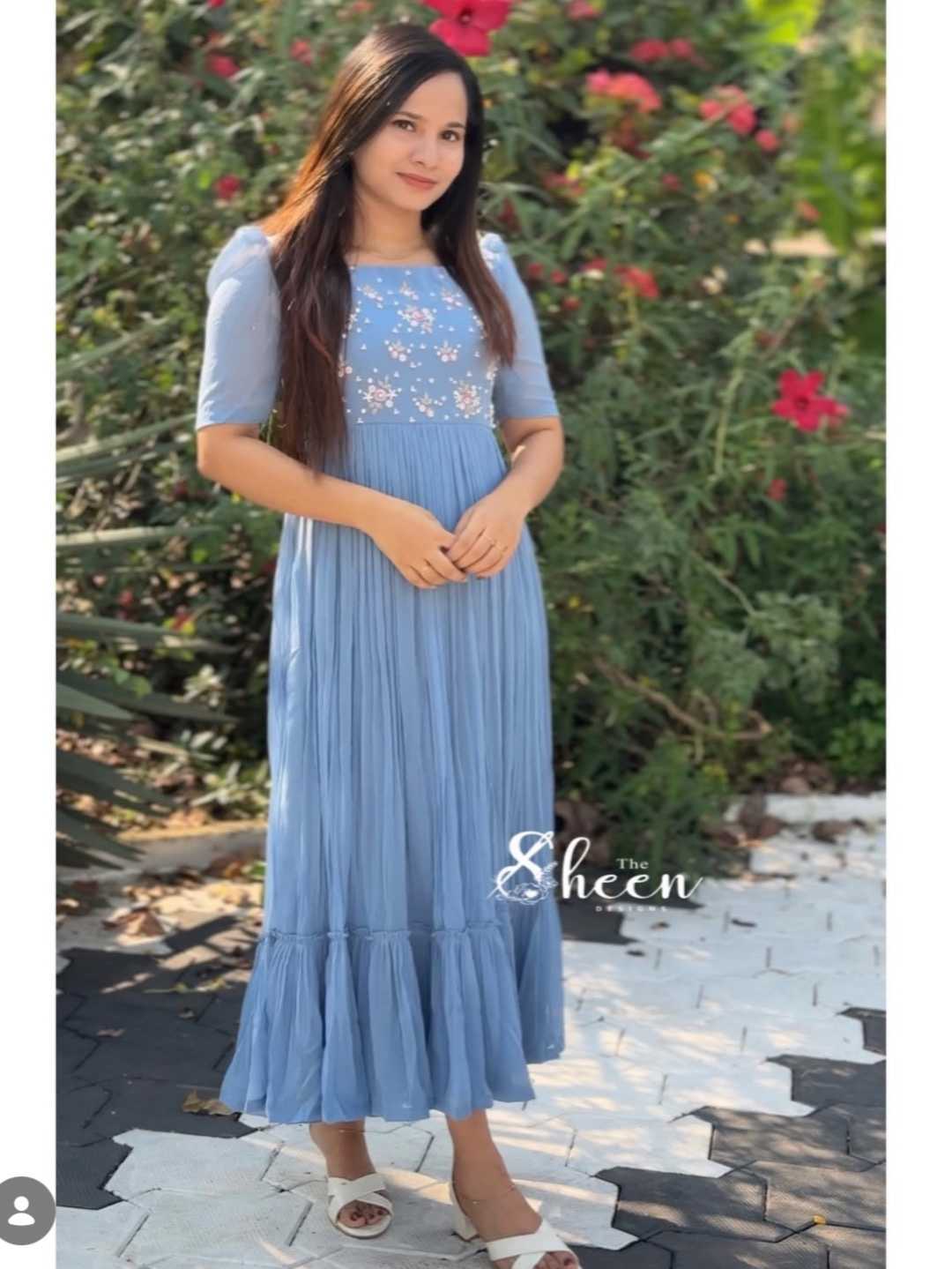 51018C39-E29D-4470-966F-598763D2198D Dusty blue georgette kurti - Image 1