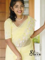 Light yellow synthetic net cotta saree - Image 2