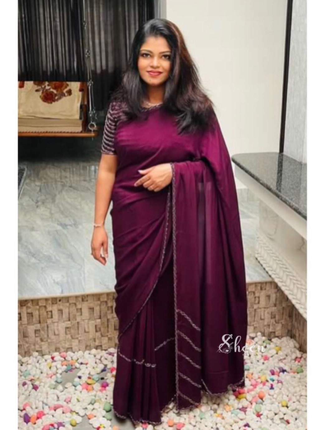 5A5E04DE-A14B-4E14-BB26-443126BA92E1 (1) Wine-red crepe saree - Image 1