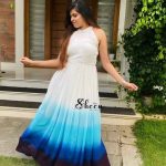 Four-shaded halter neck viscose georgette gown