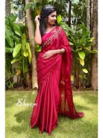 Reddish-maroon silky georgette saree