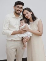 Beige crop top and skirt paired with a front-slit kurti