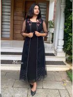 black faux georgette sleeveless kurti paired with net jacket