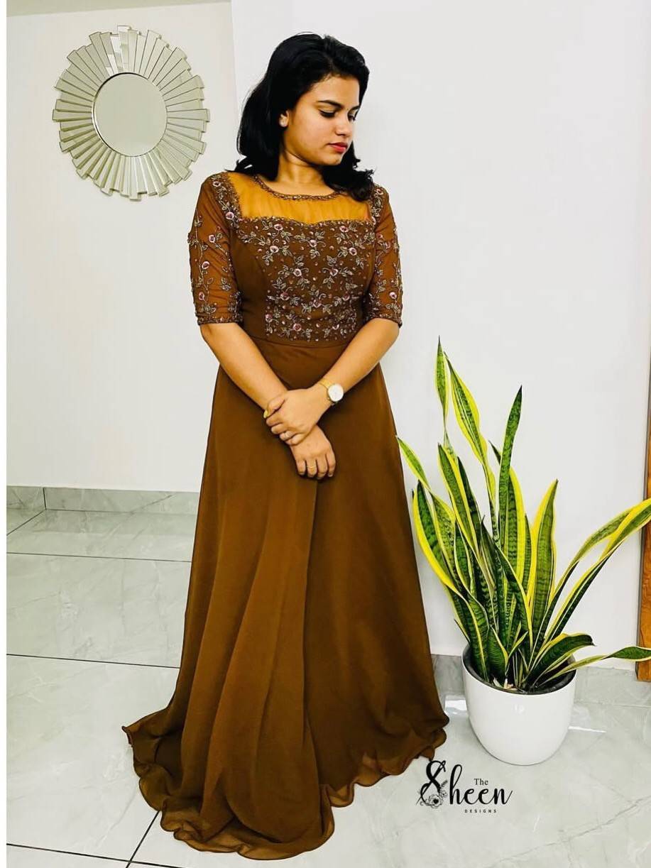 B1CBCBCB-2D4F-46C2-9334-8E52CC3B1454 (1) Mustard Brown gown - Image 1