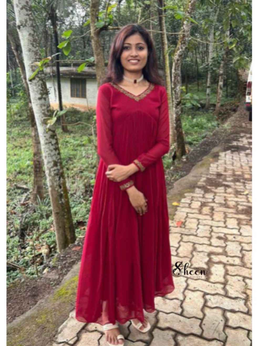 C924BD5D-E250-4C89-B58E-036D4CC52A83 (1) Reddish maroon georgette Anarkali - Image 1