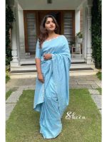 Sky-blue raw silk saree