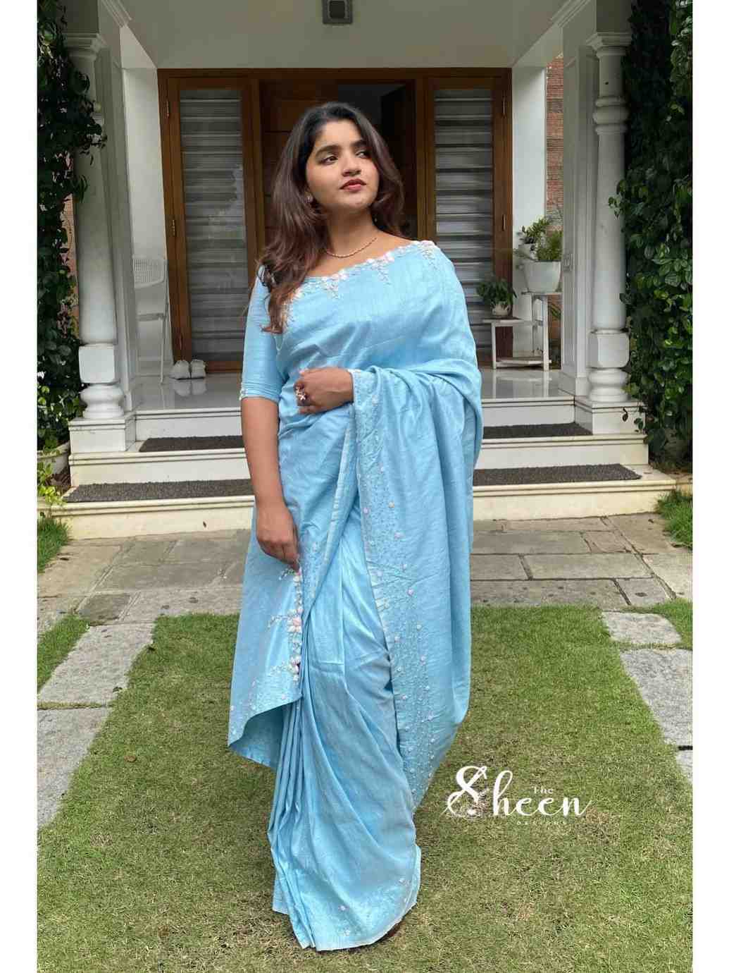 DD1961DA-A1C6-4905-B835-83F786B83F70 (1) Sky-blue raw silk saree - Image 1
