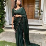 Dark green silky georgette saree