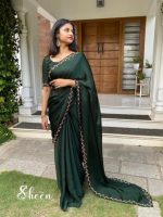 Dark green silky georgette saree