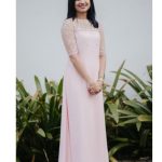 peachish pink shade A-line gown