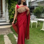 Reddish-marron silky georgette saree