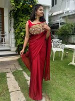 Reddish-marron silky georgette saree