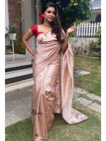 Premium rose gold pure raw silk saree