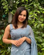 greyish blue silky georgette saree - Image 2