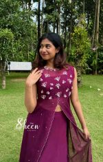 wine-red soft organza crop top and skirt - Image 2