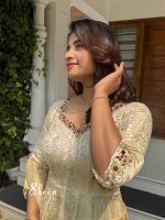 Golden brocade panel cut kurti - Image 2