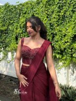 maroon semi-crepe draped saree - Image 2