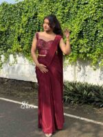 maroon semi-crepe draped saree