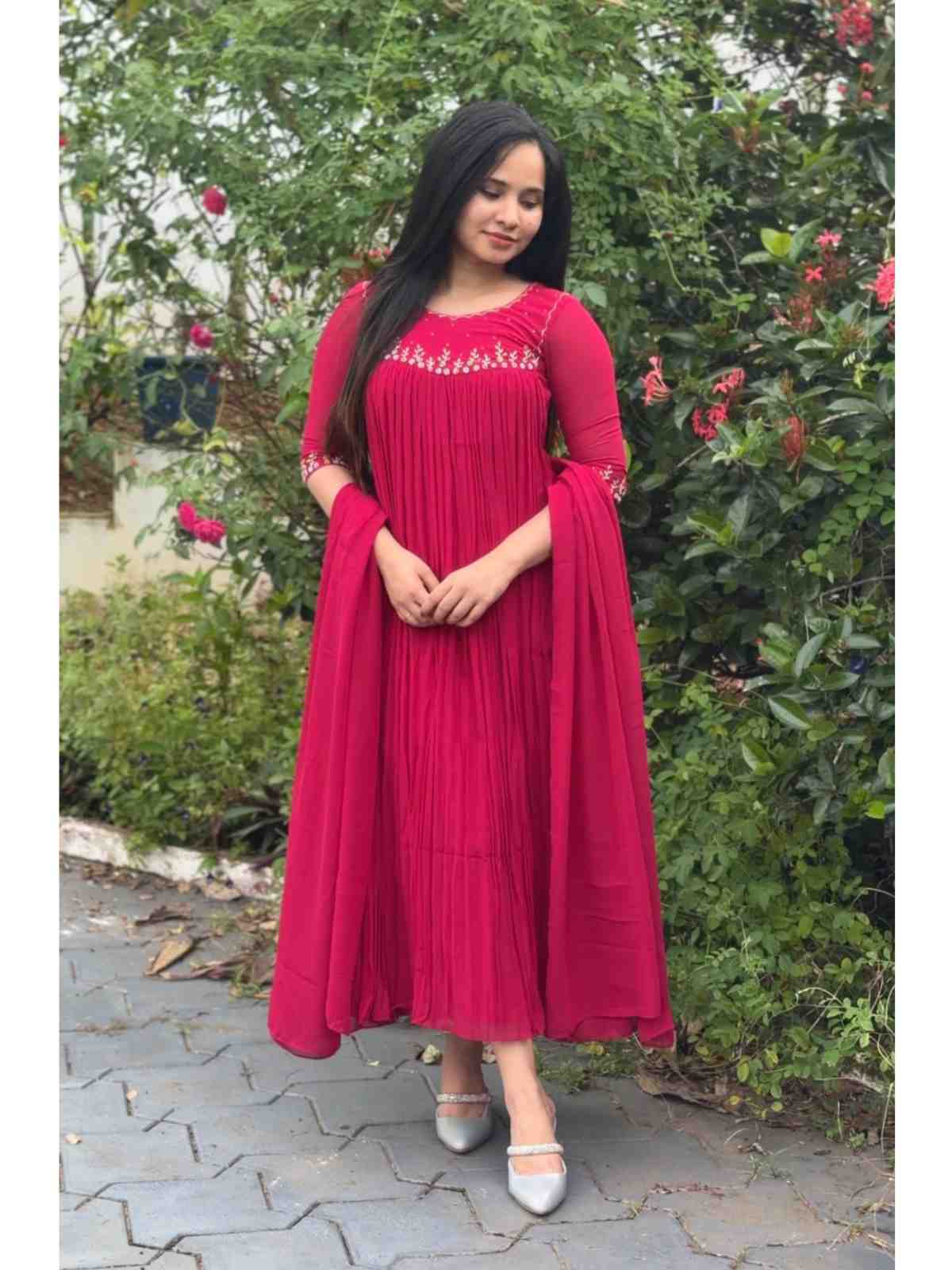 9B20BE34-2E59-429F-9AAF-F149901E6421 Dark pink georgette kurti - Image 1